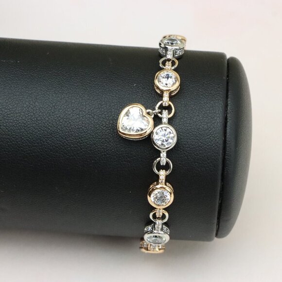 "Heart Charm Rose Gold+Silver Bracelet with Sparkling Crystals, XPBL0797 - Picture 11 of 12